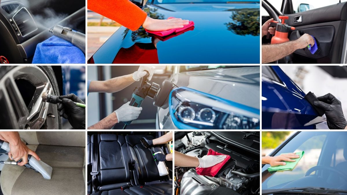 Collage of eco-friendly car detailing: steaming an air vent, wiping a car hood, brushing a wheel, polishing a headlight, cleaning seats, wiping the engine bay and the windshield